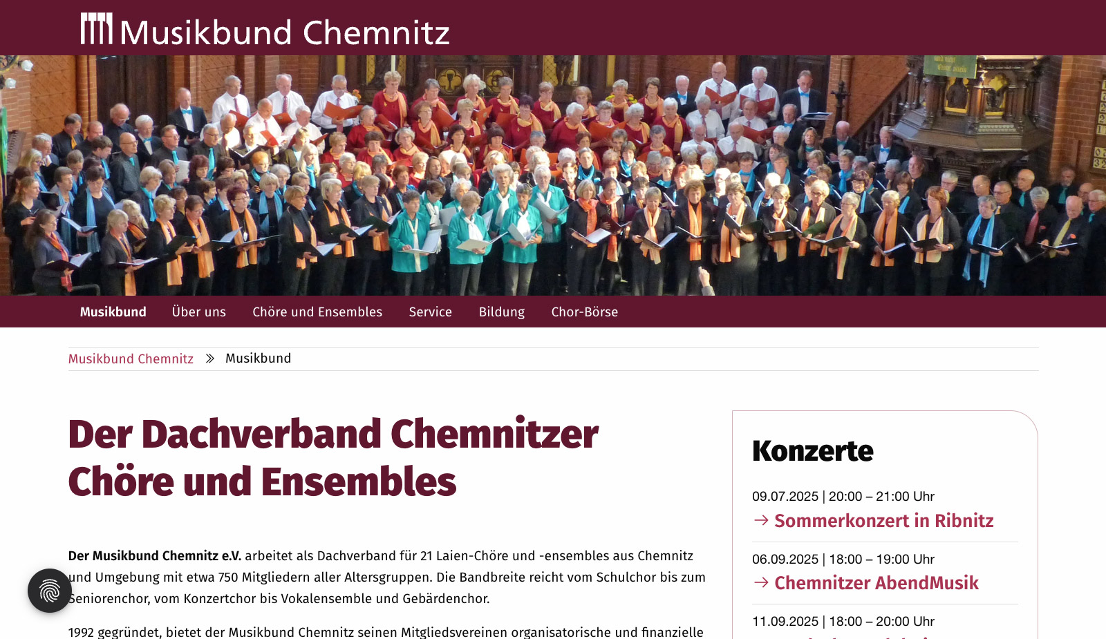 Startseite mit großem Bild und anstehenden Konzerten und Projekten