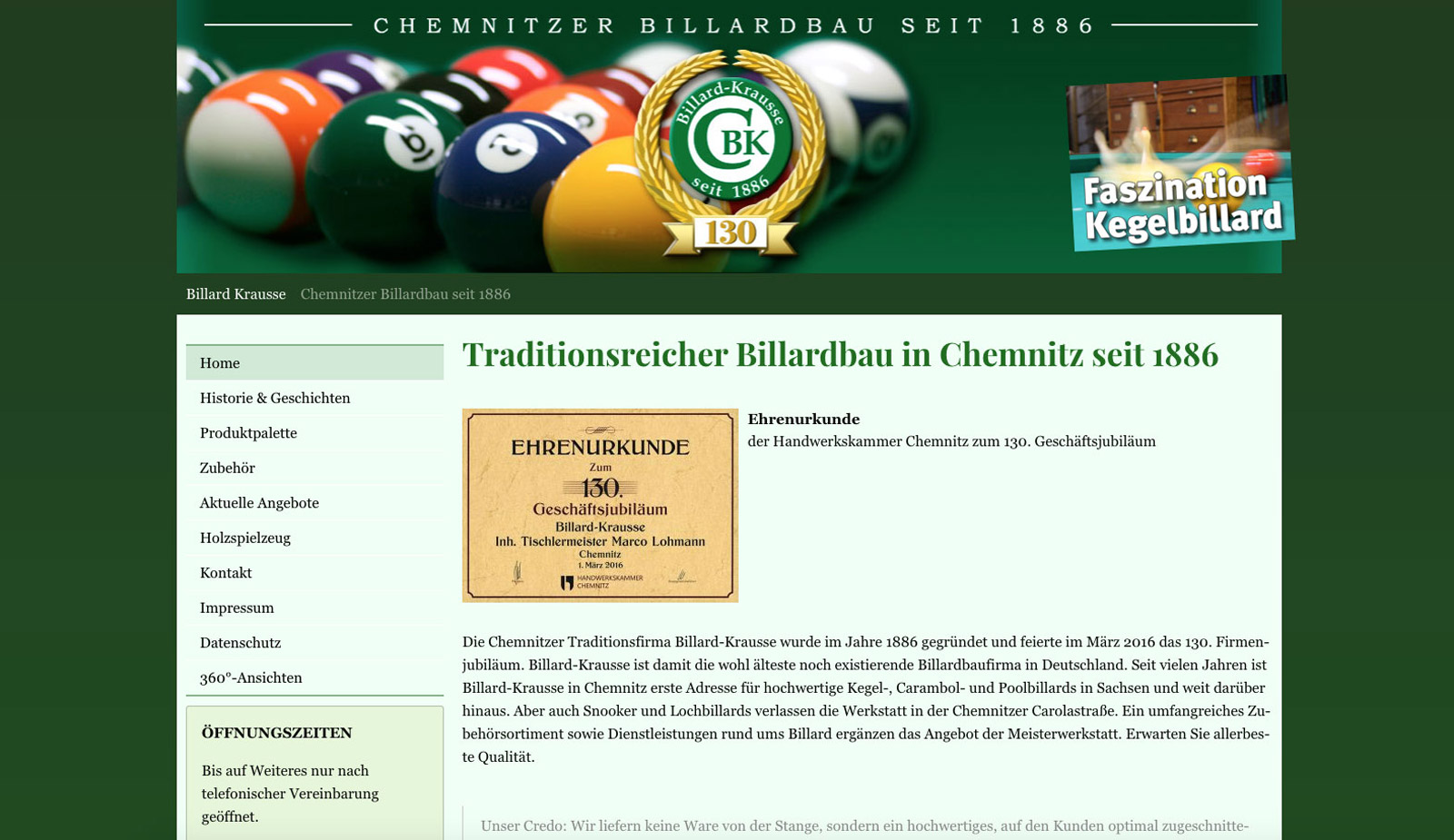 Website Billard Krausse von transparent Werbeagentur Chemnitz